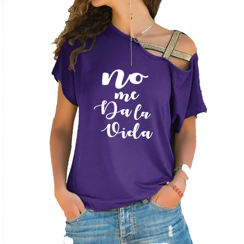 Camiseta con estampado de letras "Does Not Give Me Life" para mujer, blusa informal de manga corta con corte Irregular, top de vendaje cruzado