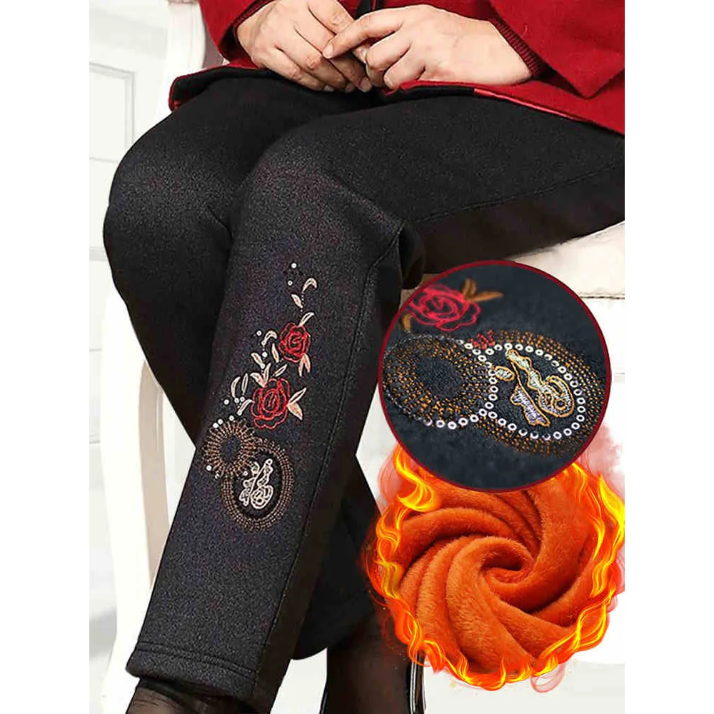 

Middle Age Mother Pants Winter Embroidery Velvet Elderly Women Trousers Grandma High Elastic Waist Pants 4XL 1778