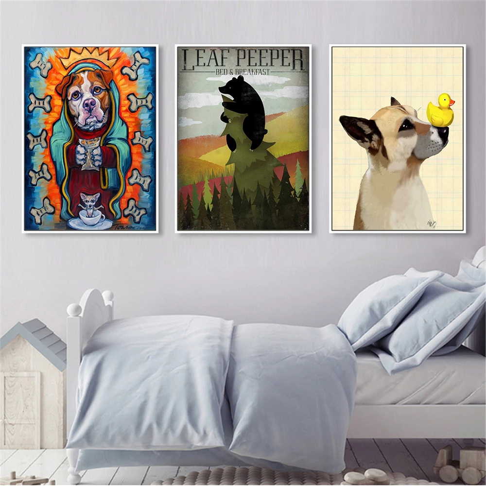 قماش جدار صور لطيف المشارك الكلب مجردة اللوحة على قماش يطبع جدار الفن الرجعية الشمال نمط الاطفال الديكور كوادروس