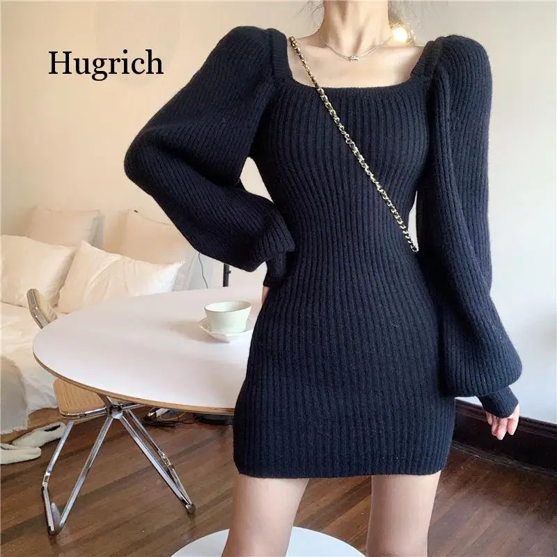 Lantern Sleeve Solid Knitted Sweater Female Fashion Slim Autumn Winter Korean Casual Black Dresses