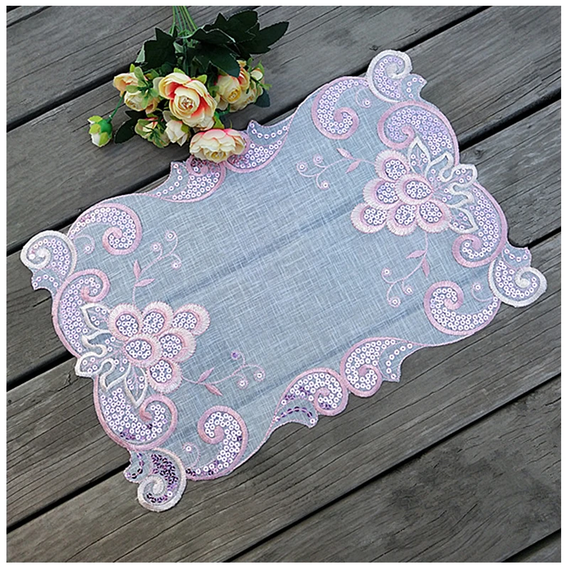 Modern Pink Lace Embroidery Placemat Cup Coaster Mug Kitchen Christmas Dining Table Place Mat Cloth Tea Coffee Doily Dish Pad