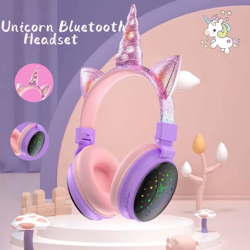 Unicorns Headphone Bluetooth 5.0 Headset Cute Cartoon Wireless   Headphones Built-in Microphone Stereo Earphone for Phone Gaming