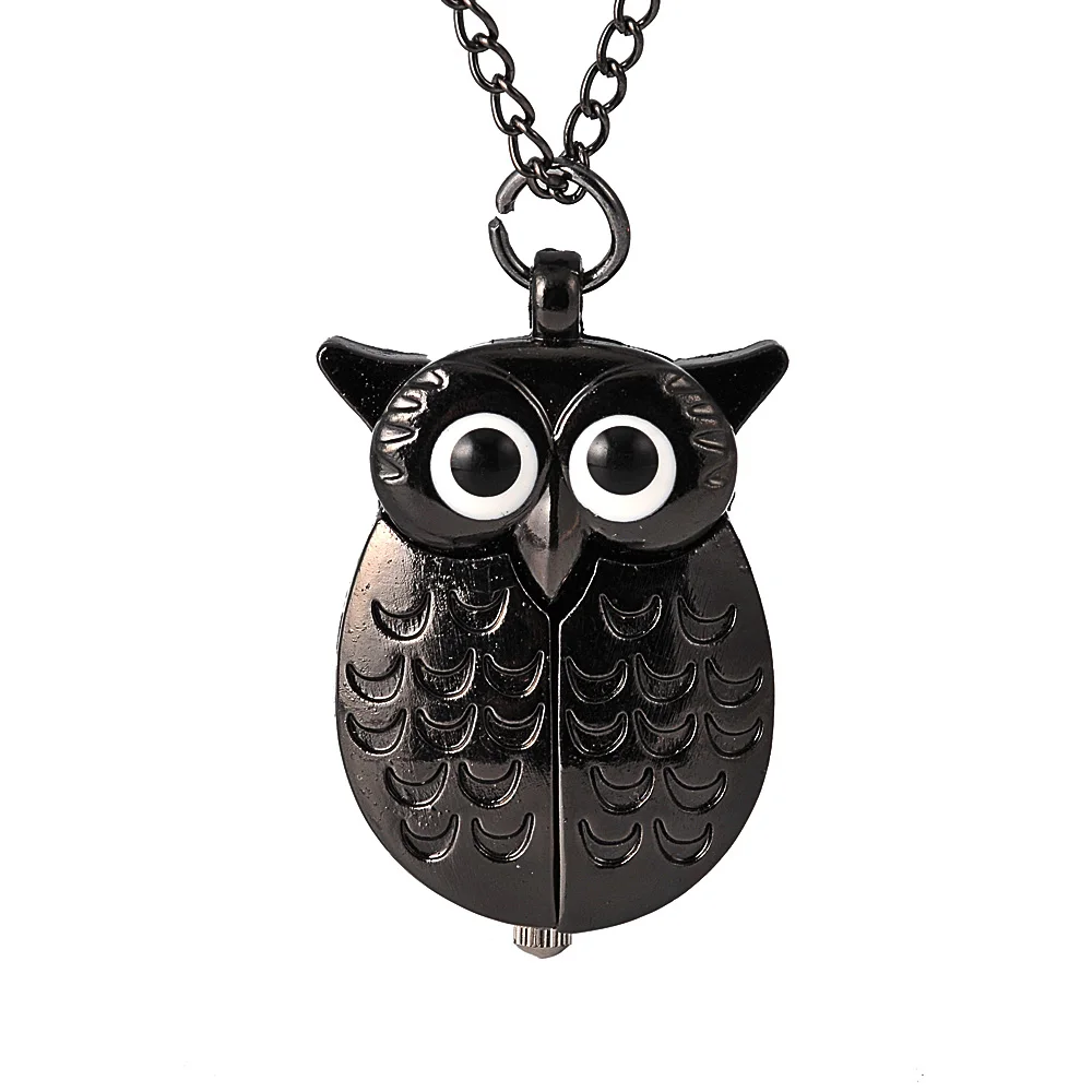 New fashion pocket watch full black owl wings open personality quartz pocket watch with necklace