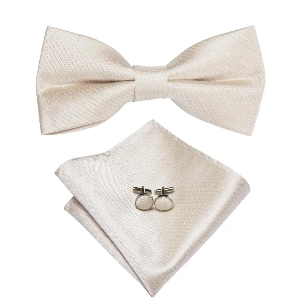 Hi-Tie 100% jedwab beżowy zwykły mężczyzna muszka tkane dorosłych Bowtie Hankerchief spinki do mankietów zestaw ślub biznes motyl krawat Bowknot