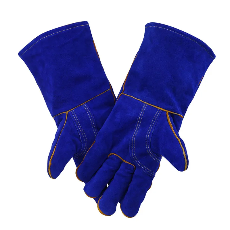 Blue Cowhide Leather Gloves Florist Gardener Carpenter Work Gear Heat Resistant Cook Catering Baking BBQ Grilling Oven Mitten G4