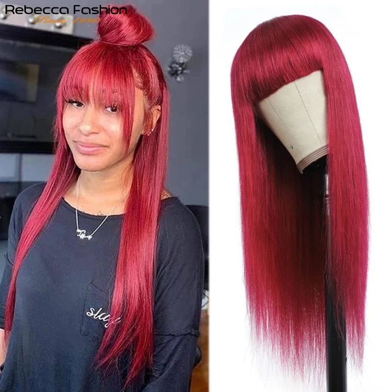 

Rebecca Burgundy Wig With Bangs Straight Human Hair Wigs For Women Glueless Full Machine Wig Long Straight Hair Wigs Bangs 99J