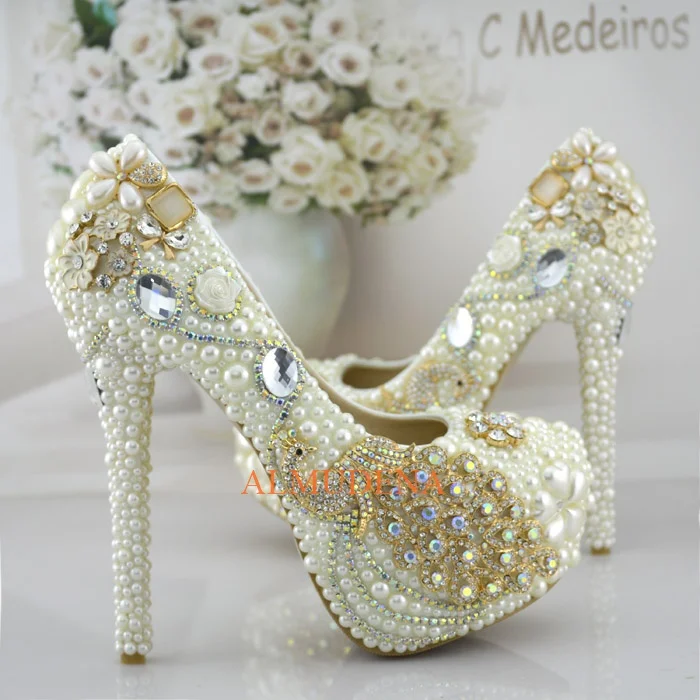 

White Pearls Rhinestone Wedding Bridal Crystal Pumps Round Toe Stiletto Platform Super High Heels Women Luxury Cinderella Shoes