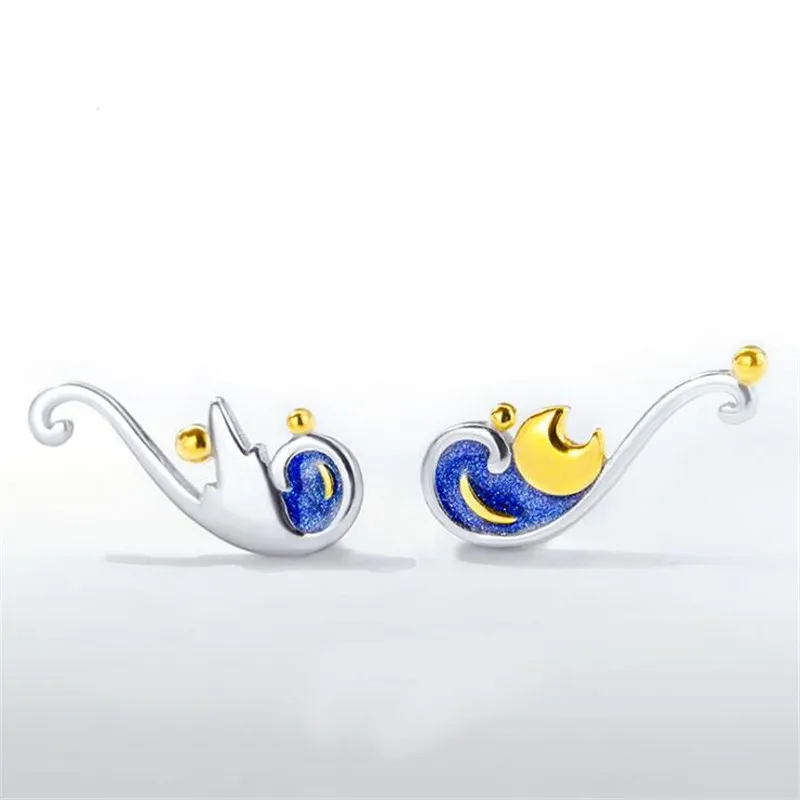 New Creative Personality Star Bearded Crescent 925 Sterling Silver Jewelry Simple Mori Epoxy Van Gogh Star Stud Earrings SE929