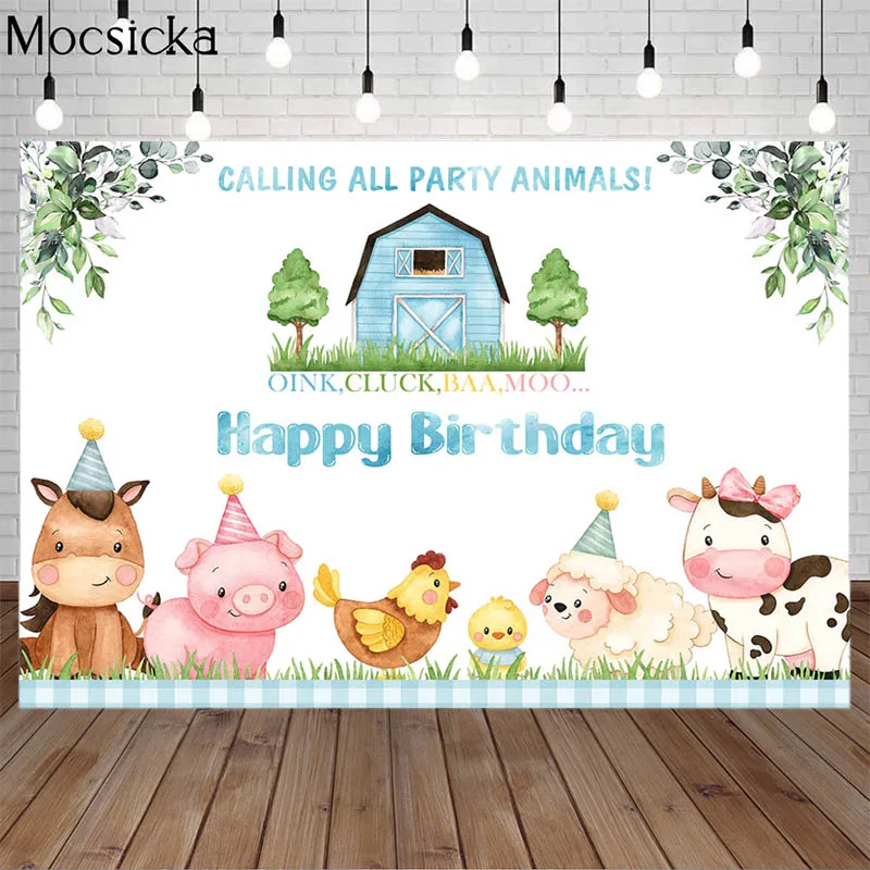 

Mocsicka Cartoon Farm Animals Backdrop Blue Barn Farm Child Birthday Party Photography Background Decor Props Photo Studio