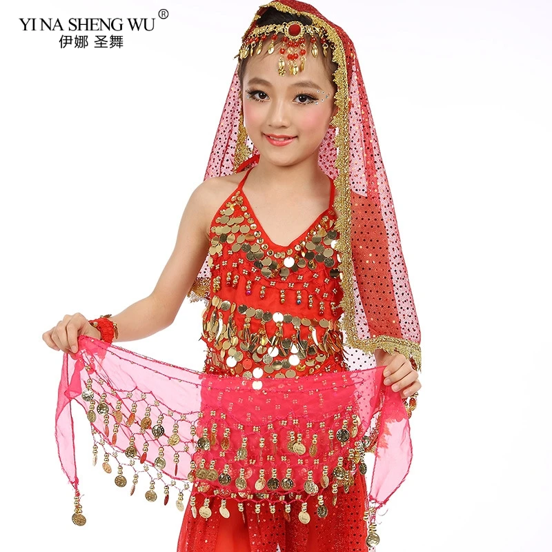 Kids Girl Belly Dance Hip Scarf Accessories 3 Row Waist Belt With Gold Bellydance Tone Coins Waist Chain Wrap Kids Dance Props