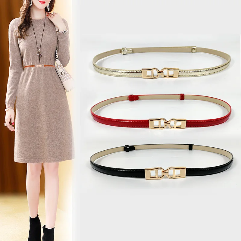 

New Fashion Leather Thin Belt For Women Personality Metal Buckle Waist Strap Designer Ladies Trouser Dress Decoration Waistband