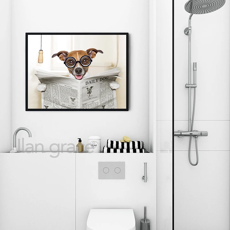Dog Reading Newspaper Toilet Wall Art Canvas Poster Prints Funny Dog Painting Wall Picture Home Bathroom Decor Dogs Lover Gift