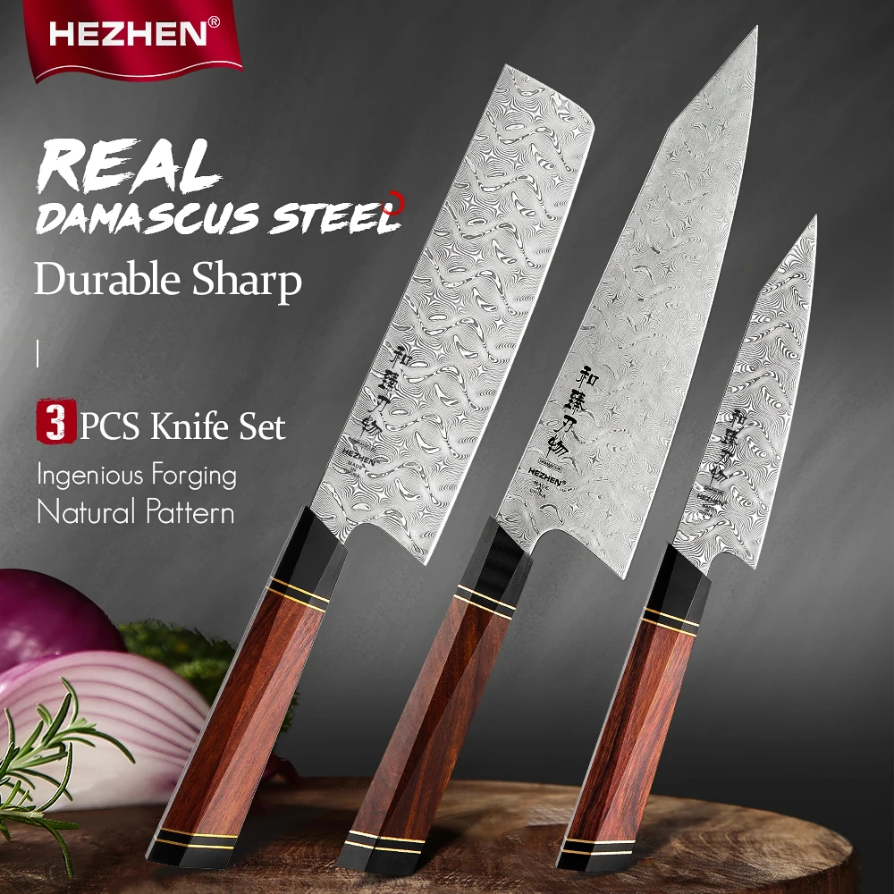 

HEZHEN 3PC Knife Set 110 Layer Damascus Steel Chef Santoku Utility Knives North America Desert Ironwood Handle