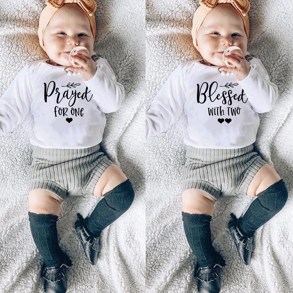 Prayed for One Blessed with Two Funny Print Twins Baby Bodysuits Boys Girls Long Sleeve Jumpsuits Baby Twins Coming Home Outfit