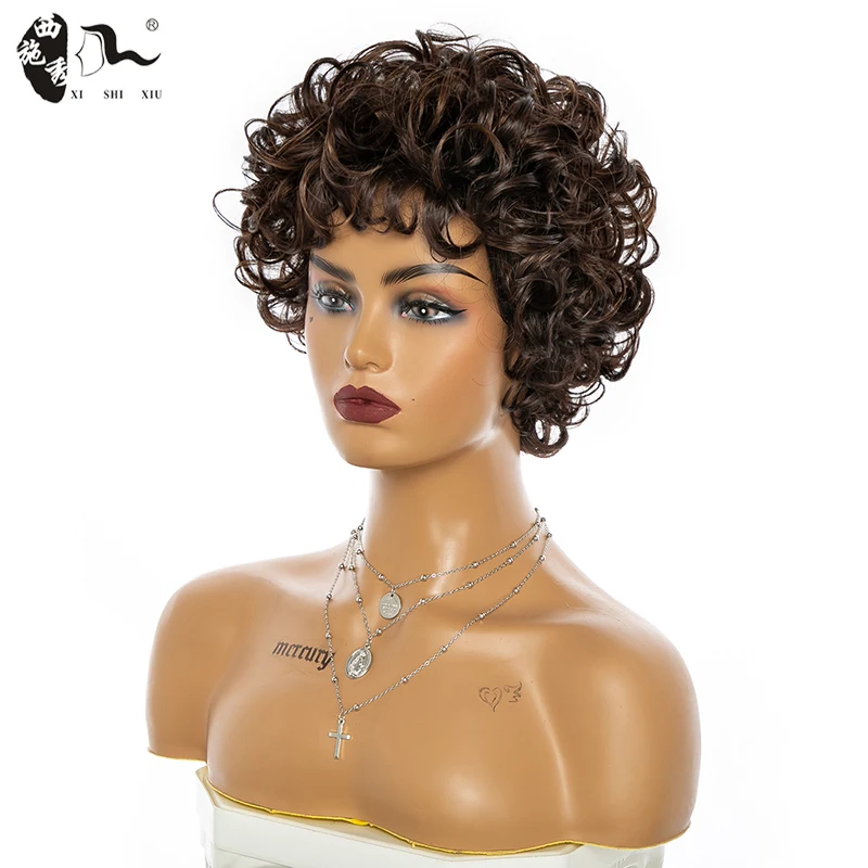 Synthetic Short Wavy Fluffy Hair Wig With Bangs For Women Natural Curly Pixie Cut Hair Elderly Wig Mommy Natural Daily Cosplay