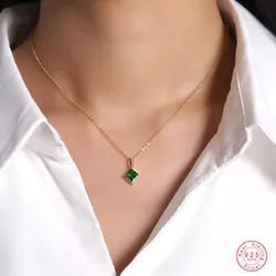 925 Sterling Silver European Simple Green Crystal Pendant Clavicle Chain Necklace For Women Light Luxury Wedding Jewelry