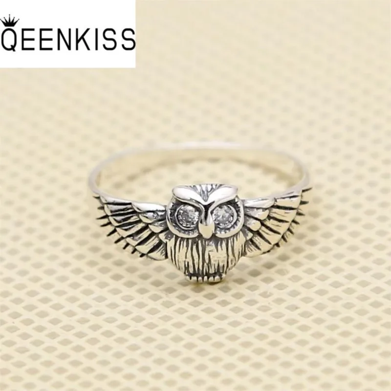 

QEENKISS 925 Sterling Silver Ring for Women Men Vintage Adjustable Owl Zircon Ring Fine Jewelries Wholesale Party Gift RG6829