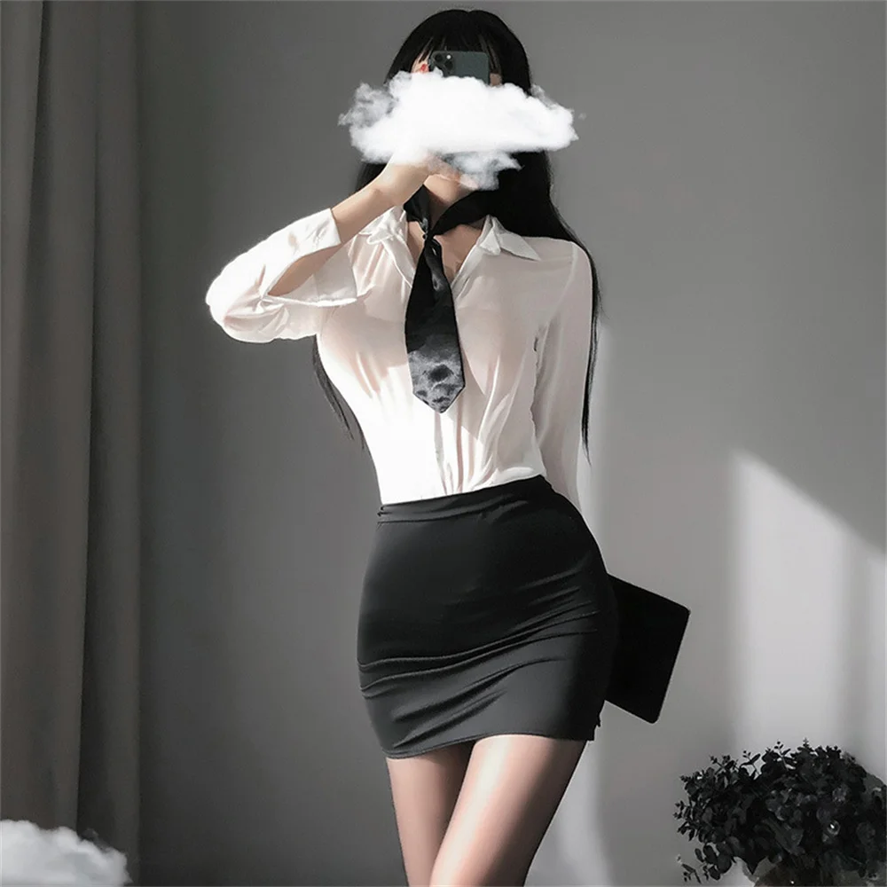 New Teacher Secretary Cosplay Uniform Allure Sexy Silk See-through Lingerie Set Erotic Tights Package Hip Skirt Exotic Undeewear