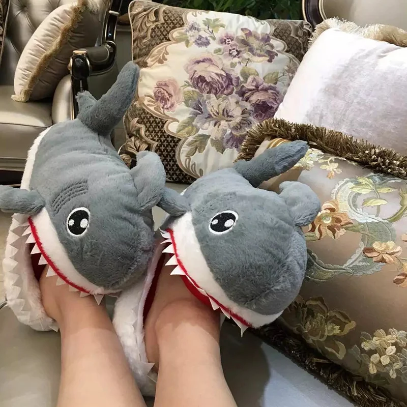 Funny Shark Slippers Girls Designer Cartoon Plush Shoes Female Winter Home Crazzy Slippers Women Floor Fur Slippers 2021 News