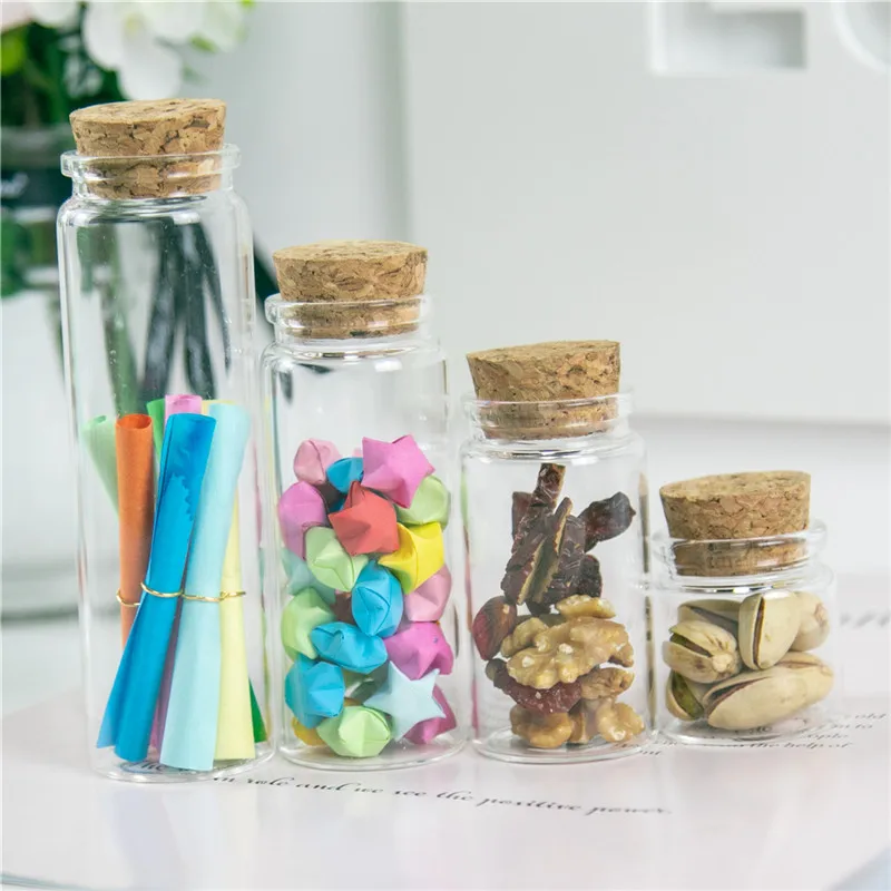 Mini Glass Bottle with Cork Stopper 20ml 50ml 65ml 90ml Empty Jars Vial Sweets Vanilla Pill Food Perfume Bottle Containers 12pcs