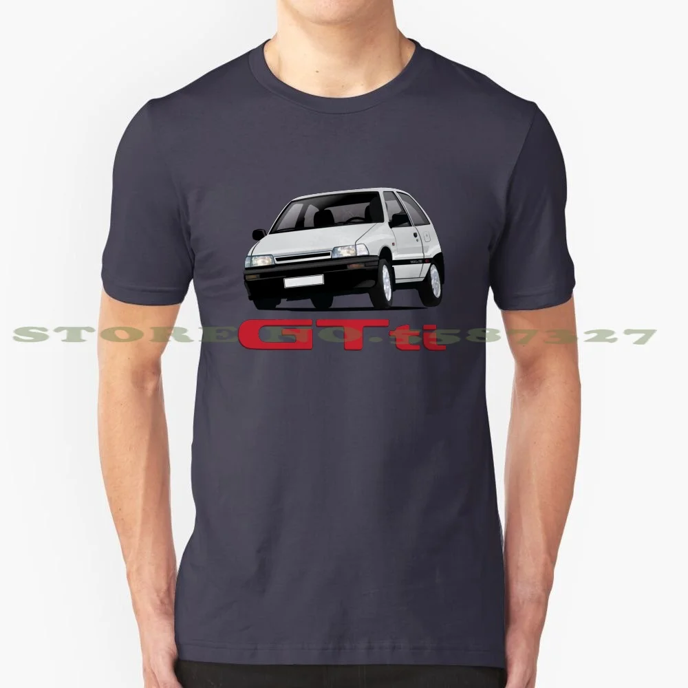 Daihatsu Charade Gtti White / Gray Illustration With Badge 100% Cotton T-Shirt Daihatsu Charade Gtti Automobile Classic Cars