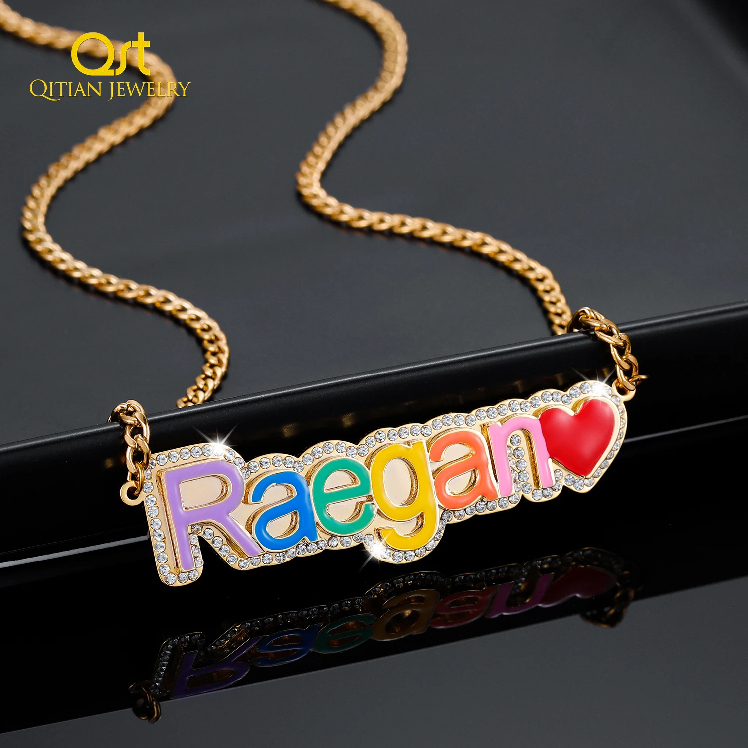 

Custom Rainbow Name Necklace For Women Personalized Pave Outline Iced Out Name Pendant Rhinestone Name Chain Valentine's Day