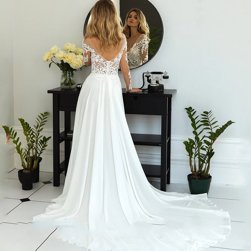 Boho V-Ausschnitt Brautkleid eine Linie Chiffon Brautkleid lange Ärmel rücken freie Robe de Mariee Illusion Applikationen Sweep Zug