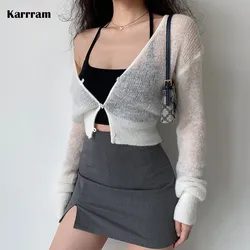 Karrram Korean Sexy See Through Cropped Cardigan Women Thin Hollow Out Knitted Cardigans Long Sleeve V-neck Sweater Crop Tops