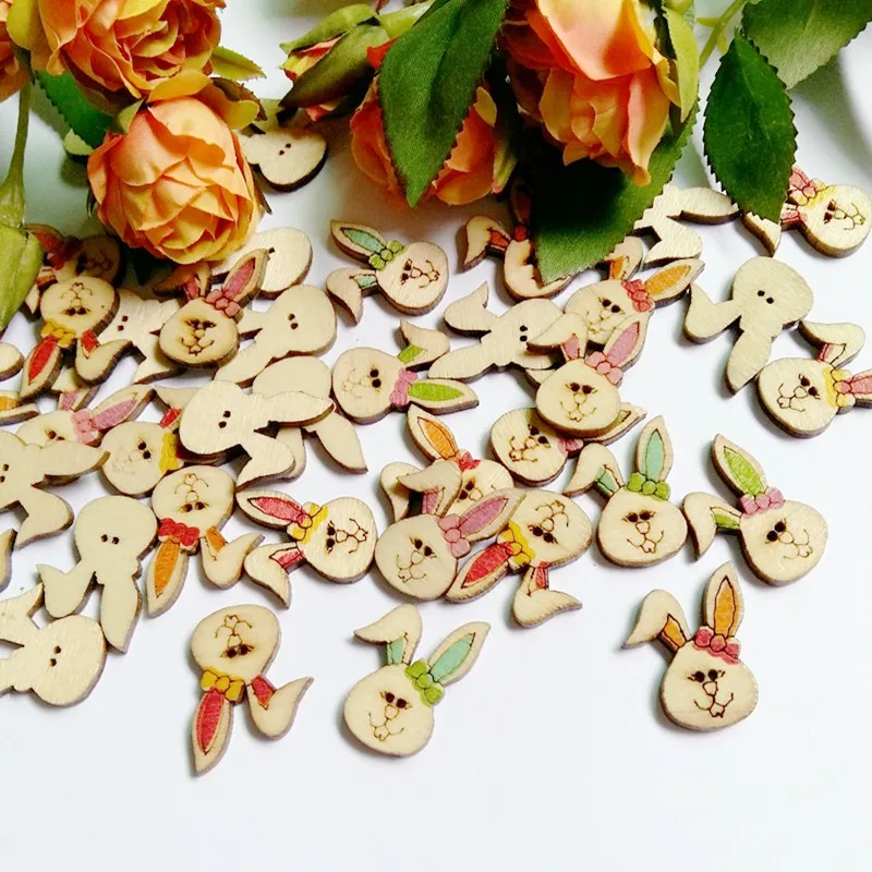 50Pcs/pack 18*25MM Random Mixed Wooden Button rabbit Wooden Decorative Buttons for Craft Scrapbooking Sewing