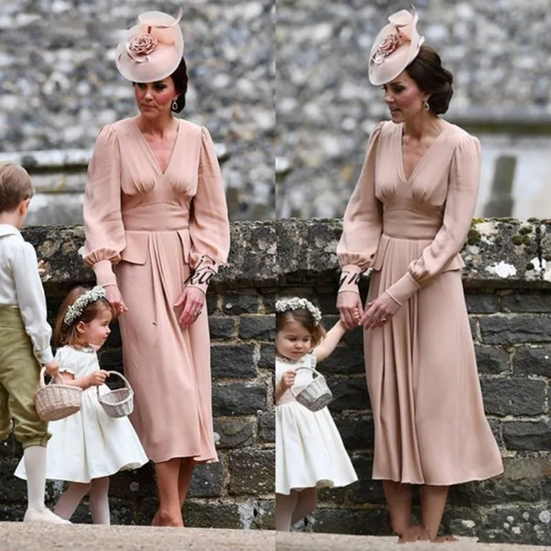 

Dusty Pink Mother Of The Bride Dresses 2022 Long Sleeves Tea Length V neck Vintage Vestido De Madrinha Wedding Guest Gown