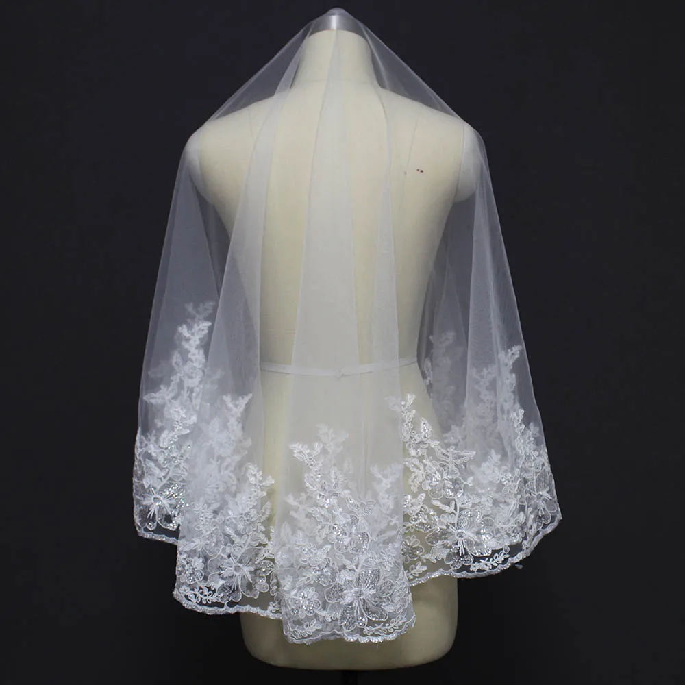 Short 150cm Wedding Veil WITHOUT Comb Luxury Bling Sequins Lace One Layer Bridal Veil Bride Accessories Veu de Noiva