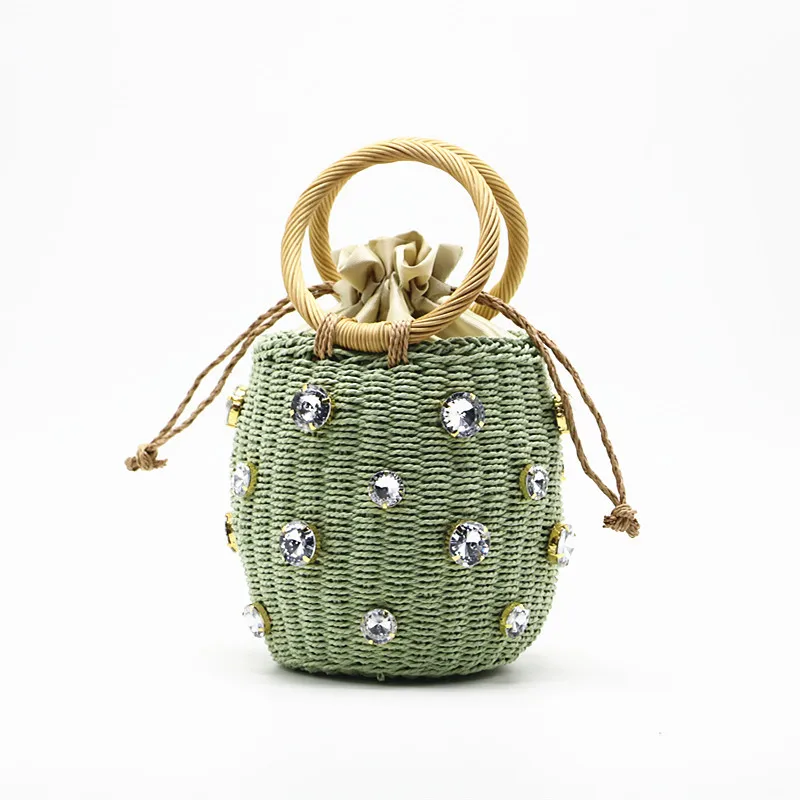 Summer Round Rattan Handmade diamond Pearl Bag Bohemian Leisure Straw Bag Bucket Knitting Shoulder Crossbody Beads Beach Bag