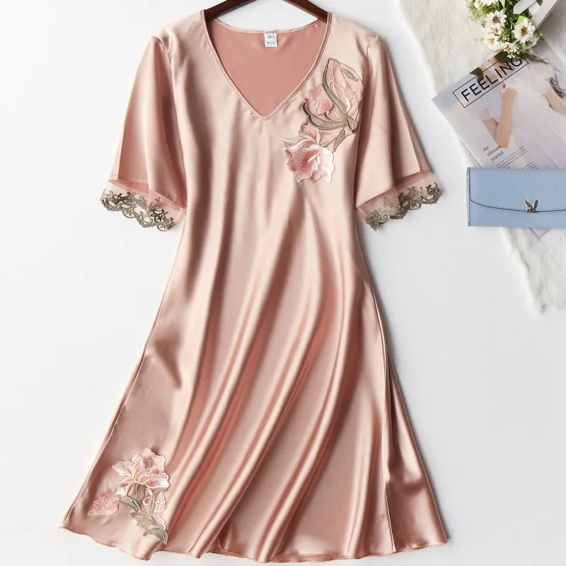 Summer New Silky Satin Women Nightgown Sleepwear Casual Night Dress New Arrival Shirt Sexy Nightshirt Female Sexy Home Dress