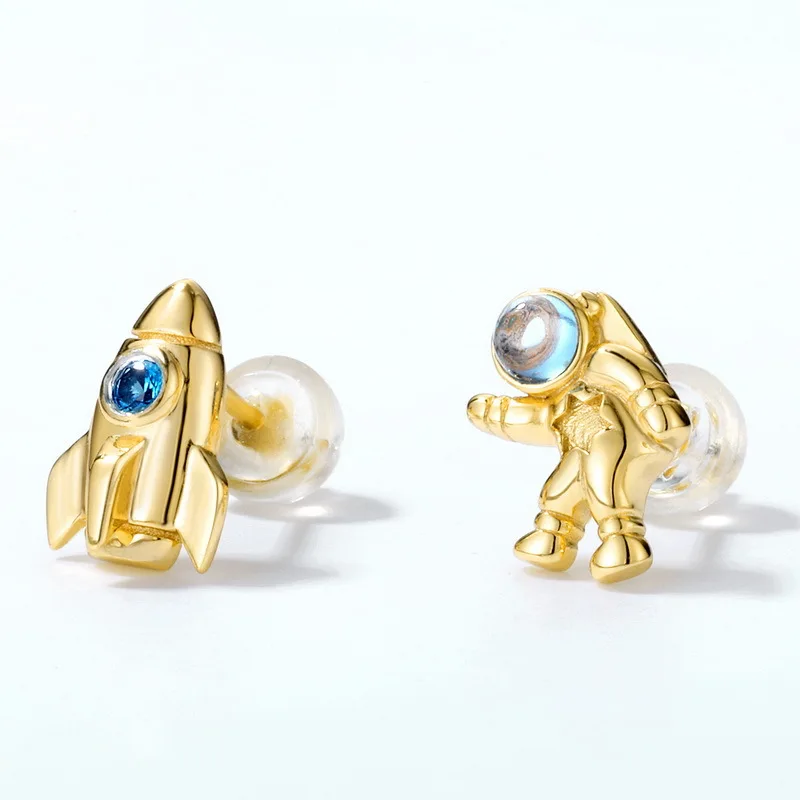 Anomokay New Arrival Aerospace Series Gold Color Earrings Blue Zircon 925 Silver Aircraft Astronaut Earring for Women Girl