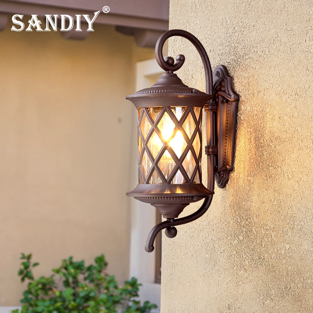 sandiy lampada do alpendre do vintage luzes impermeaveis da parede exterior candeeiro retro ip65 para o portao do patio villa vidro e aluminio antiferrugem e27 01