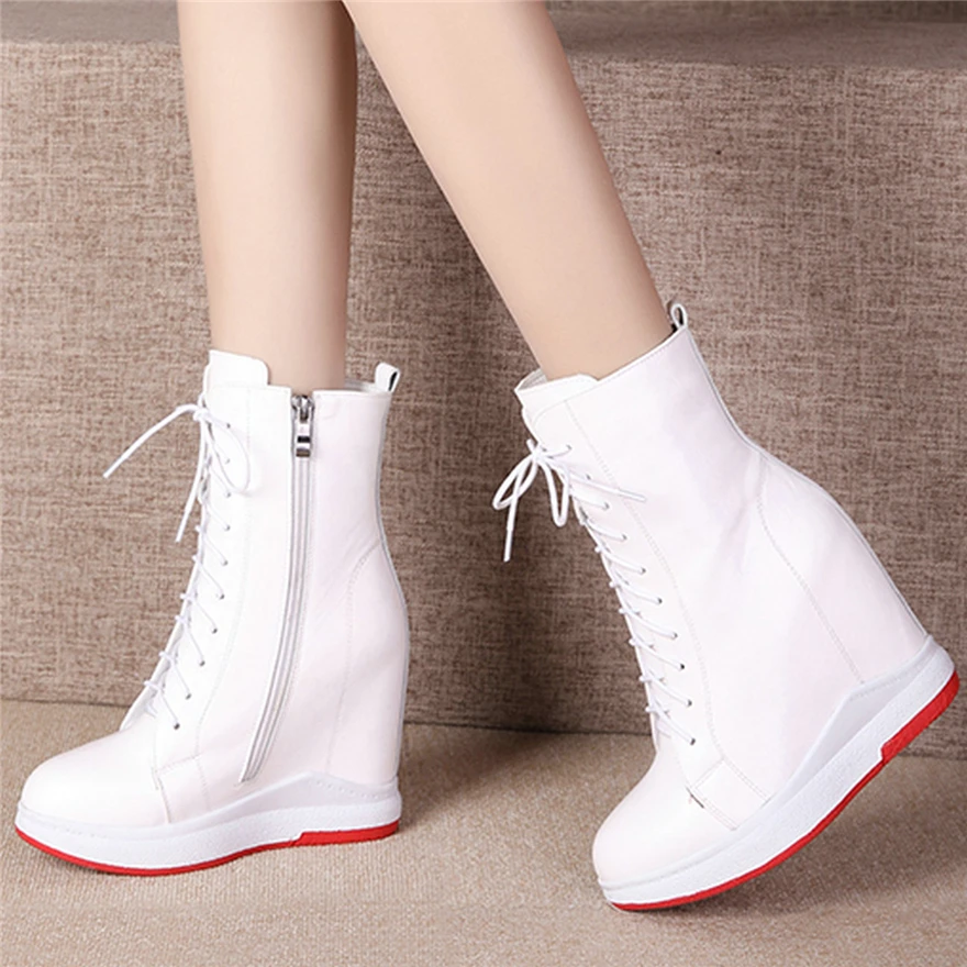 Platform Pumps Shoes Women Lace Up Genuine Leather Wedges High Heel Ankle Boots Female Round Toe Fashion Sneakers Casual Shoes