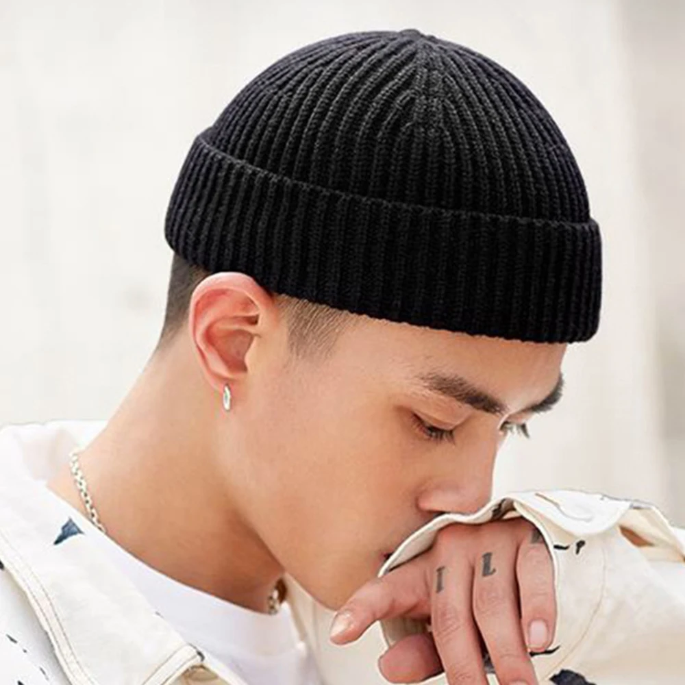 Men Fashion Knitted Hats Boy Skullcap Male Beanie Winter Retro Brimless Baggy Melon Cap Cuff Docker Fisherman Accessories