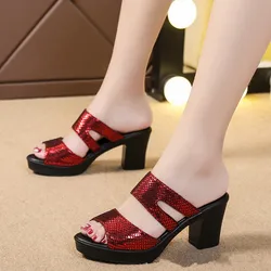 Fashion Women Summer Sandals Slippers Women Leather Sexy High Heel Black Open Toe Slip On Sandals Female Party Shoes