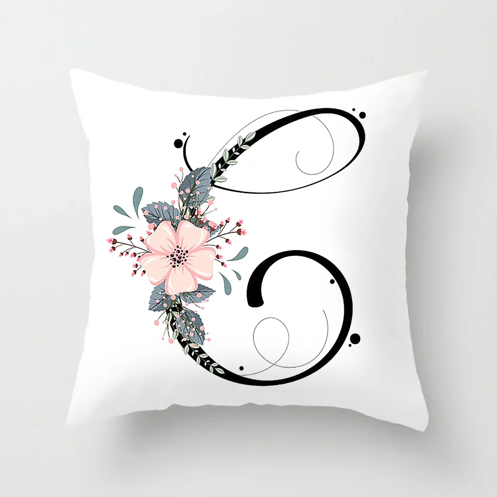 Black Alphabet Flower Print Pillowcase White Polyester Cushion Cover for Living Room Sofa Nordic Home Decoration Pillow Case