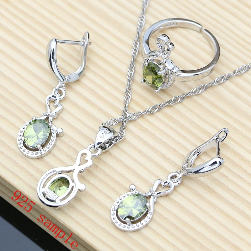 Women 925 Sterling Jewelry Sets Olive Green Topaz Long Earrings Bracelet Necklace Sets Wedding Anniversary Party Gift for Her