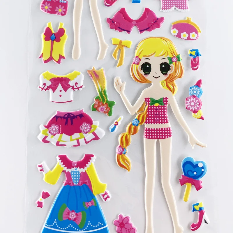 4 Sheets/Set Dress Up Girl Pattern Cartoon Stickers Kids Notebook 3D Puffy Bubble Sticker Label for Girls Gift