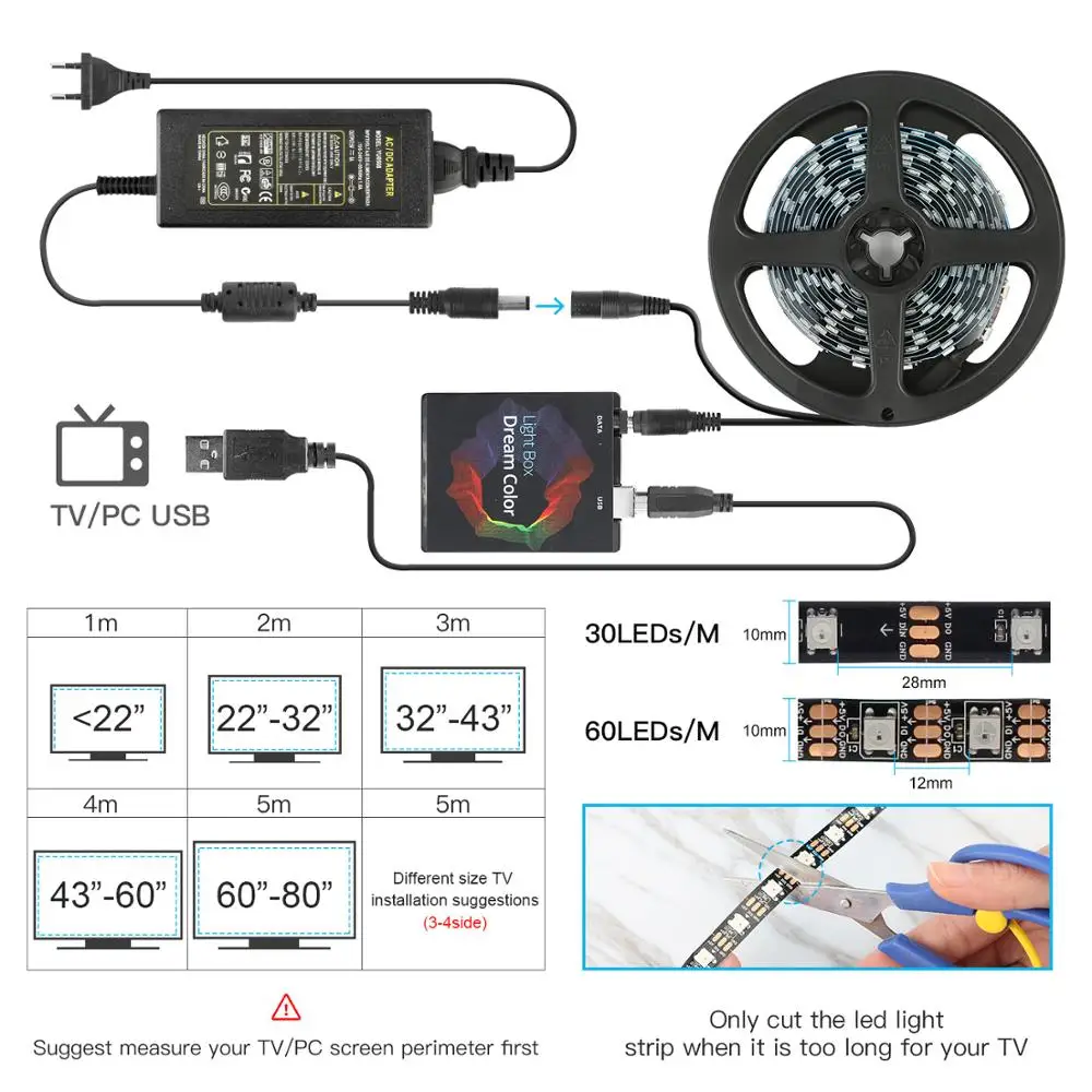 LEDストリップライト,コンピューターモニター,アンビエントテレビ,PC,ドリームスクリーン,USB,HDMI,日曜大工,1 m, 2 m, 3 m, 4 m, 5m,フルセット