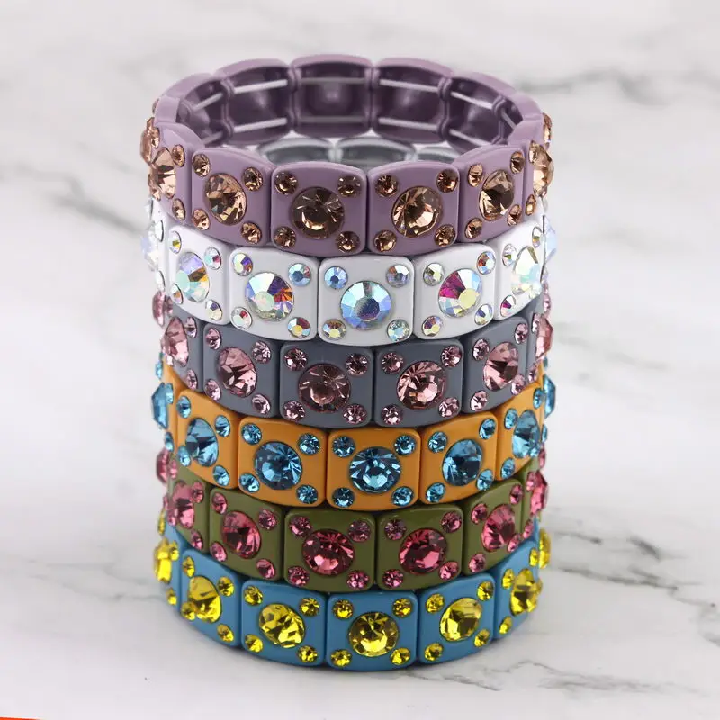 

ZWPON Square Paint Base Glass Crystal Elastic Bracelets 2019 Fashion Luxury Tile Bead Bracelet Brand Designer Jewelry Wholesale