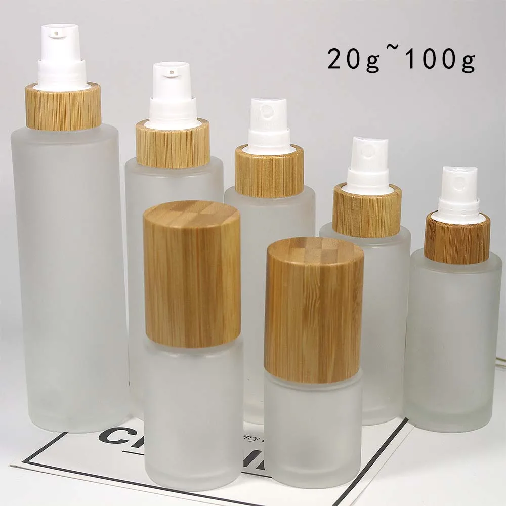Afbeelding 7: Lege 50Ml Glas Mat Fles Lotion Pomp Spray Pomp Met Bamboe Cap