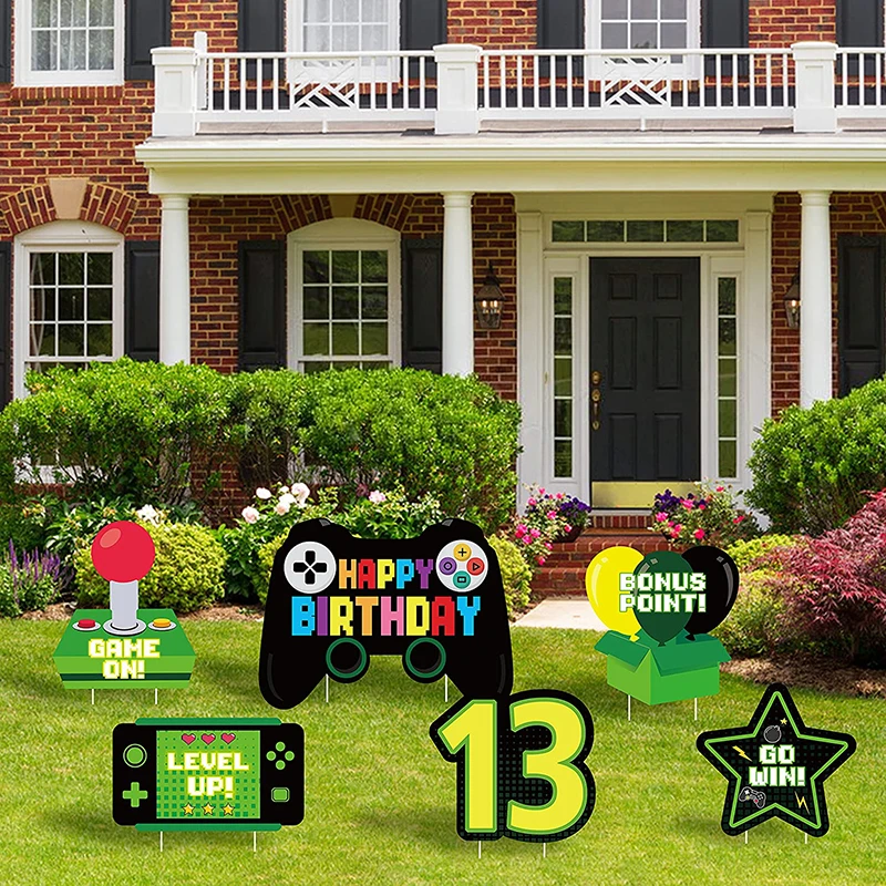 6Pc 13th Video Game Happy Birthday Yard Sign Colorful Outdoor Lawn Signs Gaming Garden Party Decoration for Teenager Adult