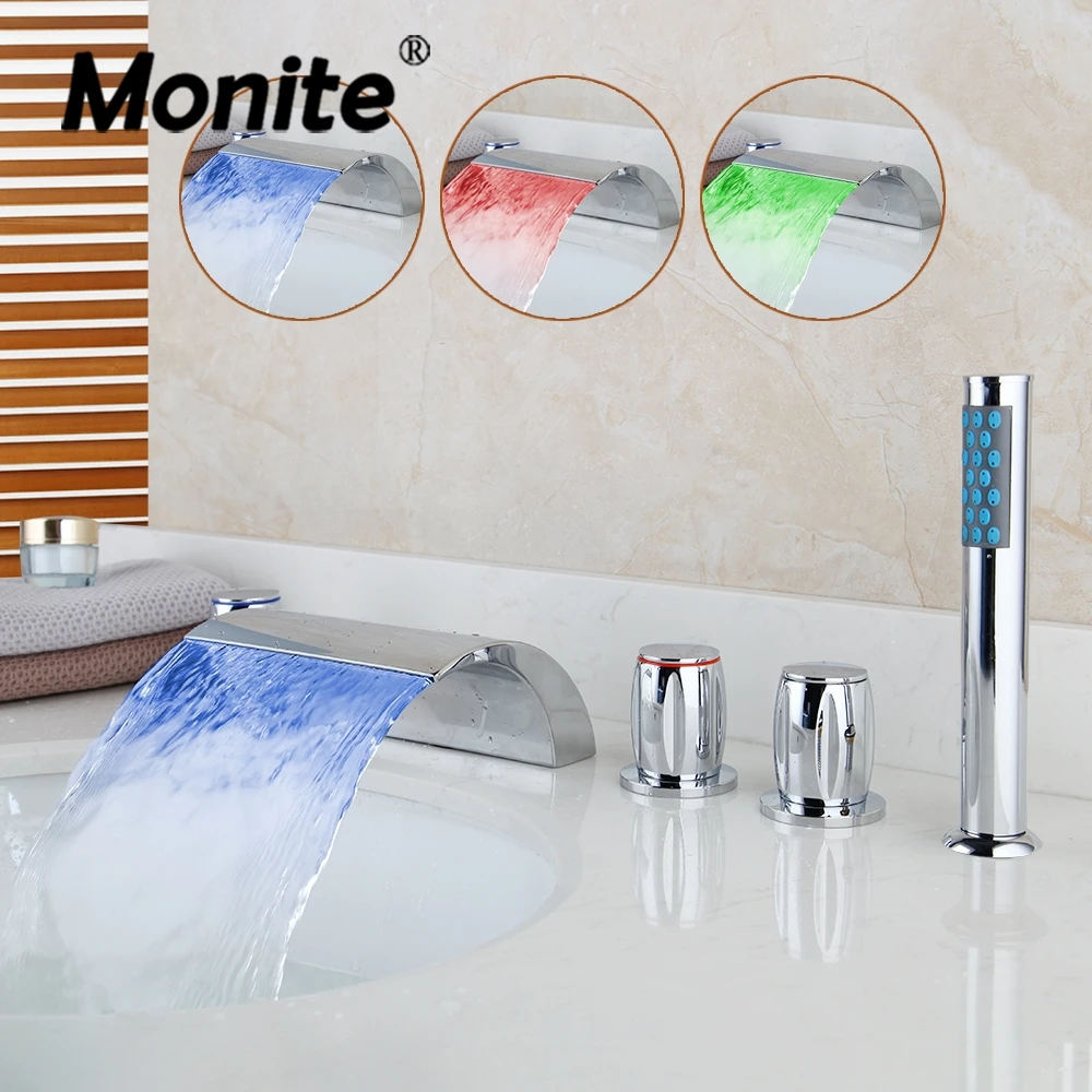 

Monite LED Waterfall Bathroom Basin Faucet Deck Mounted Washbasin Bathroom Tap 5 Pcs Set Flush Cold Hot Water Mixer Taps