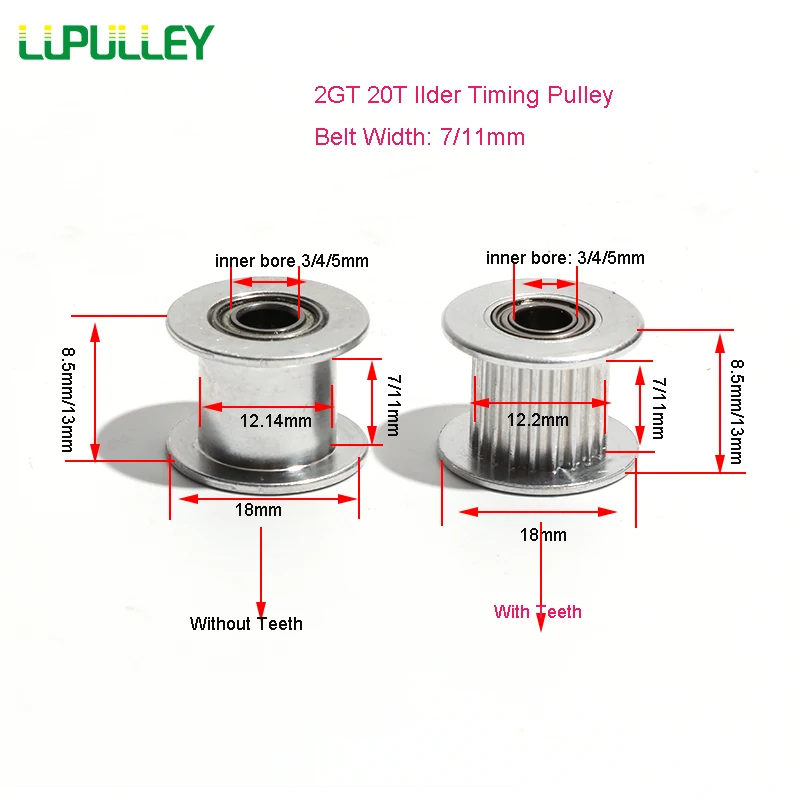 2GT 20T  Idler Timing Pulley GT2 20T 3D Printer Parts 2GT 20 Teeth With 3/4/5mm InnerBore Without Teeth Aluminum Alloy 7mm width