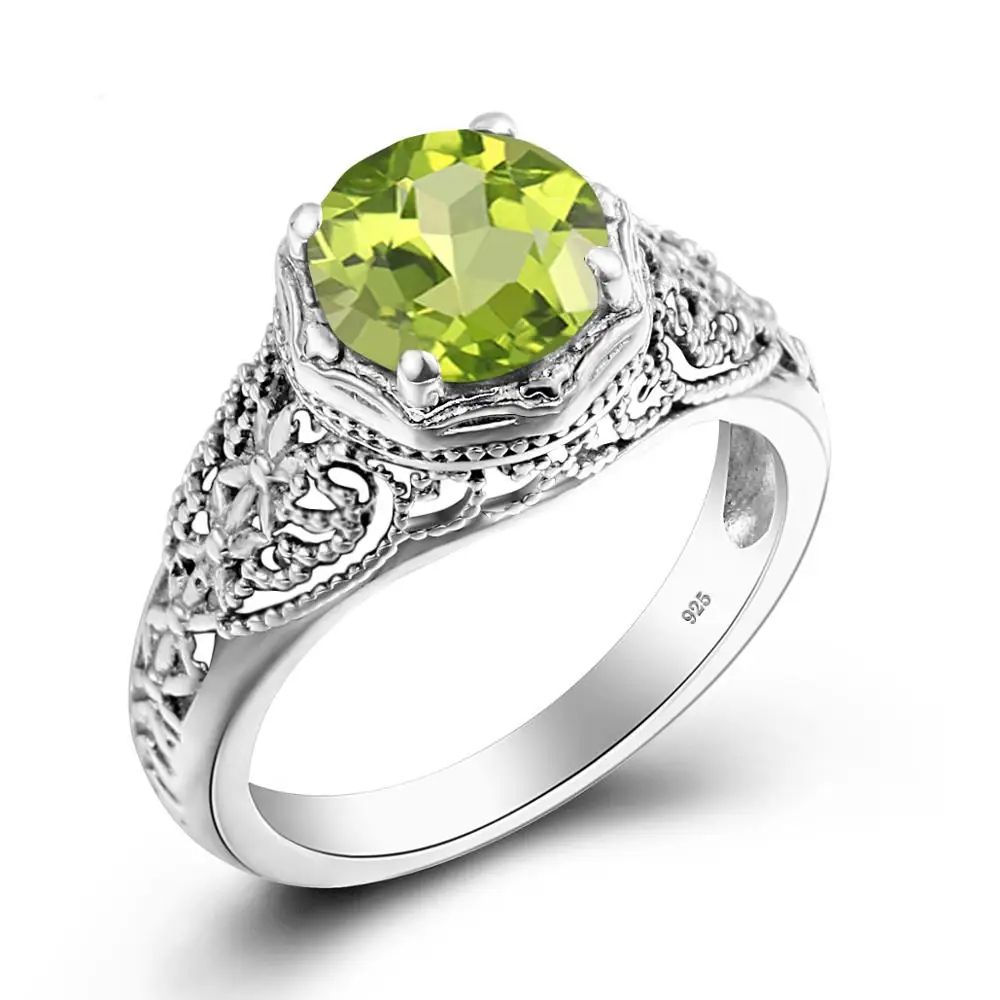 

Brand Fine Jewelry Solid 925 Sterling Silver Green Peridot Ring Round Olivine Stone Weding Anniversary Women Accessories