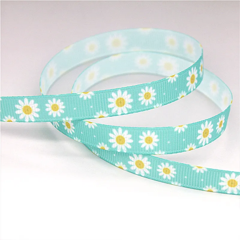 DHK 3/8\'\' 5yards Flower Chrysanthemum Sunflower printed grosgrain ribbon Accessory hairbow headwear DIY 9mm Decorations C1930