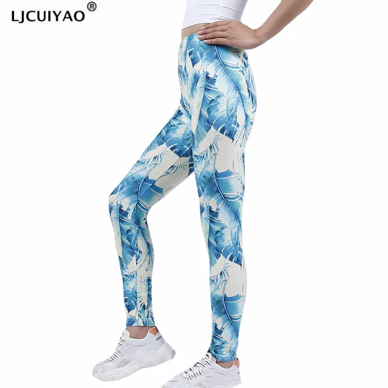 LJCUIYAO Leggings Sport Fitness Running Gym Pants High Waist Beige Green Leaf Pattern Elastic Pantalones Women Polyester Bottom